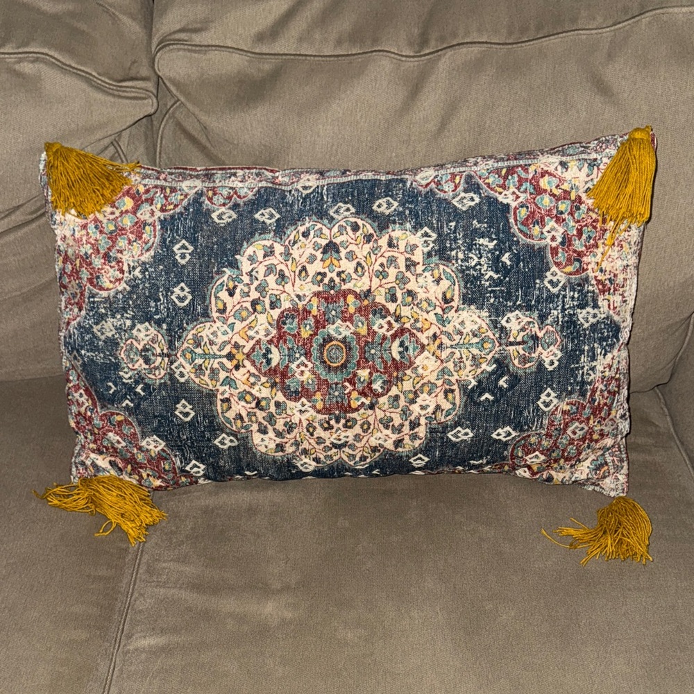 Decorative Blue and Gold Tassel Pillow